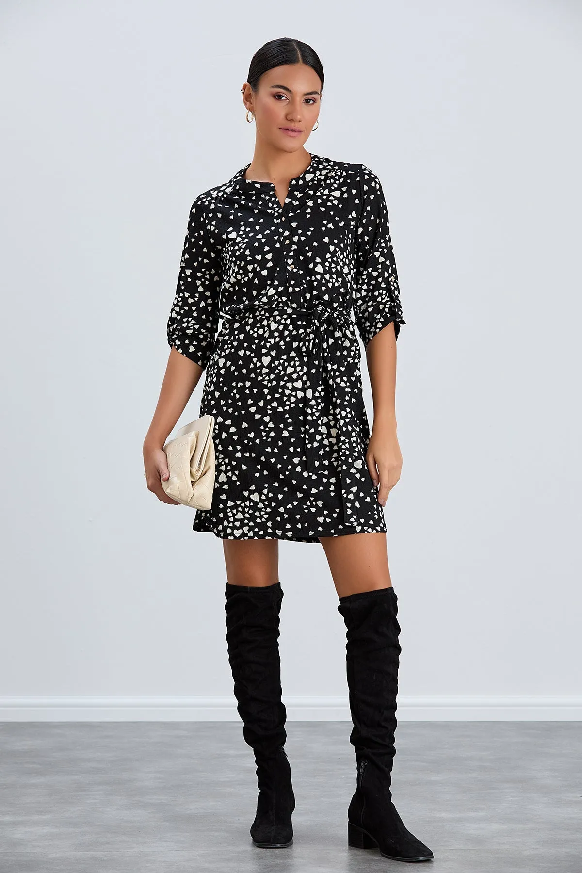 Shirt Mini Dress in Black/White heart print