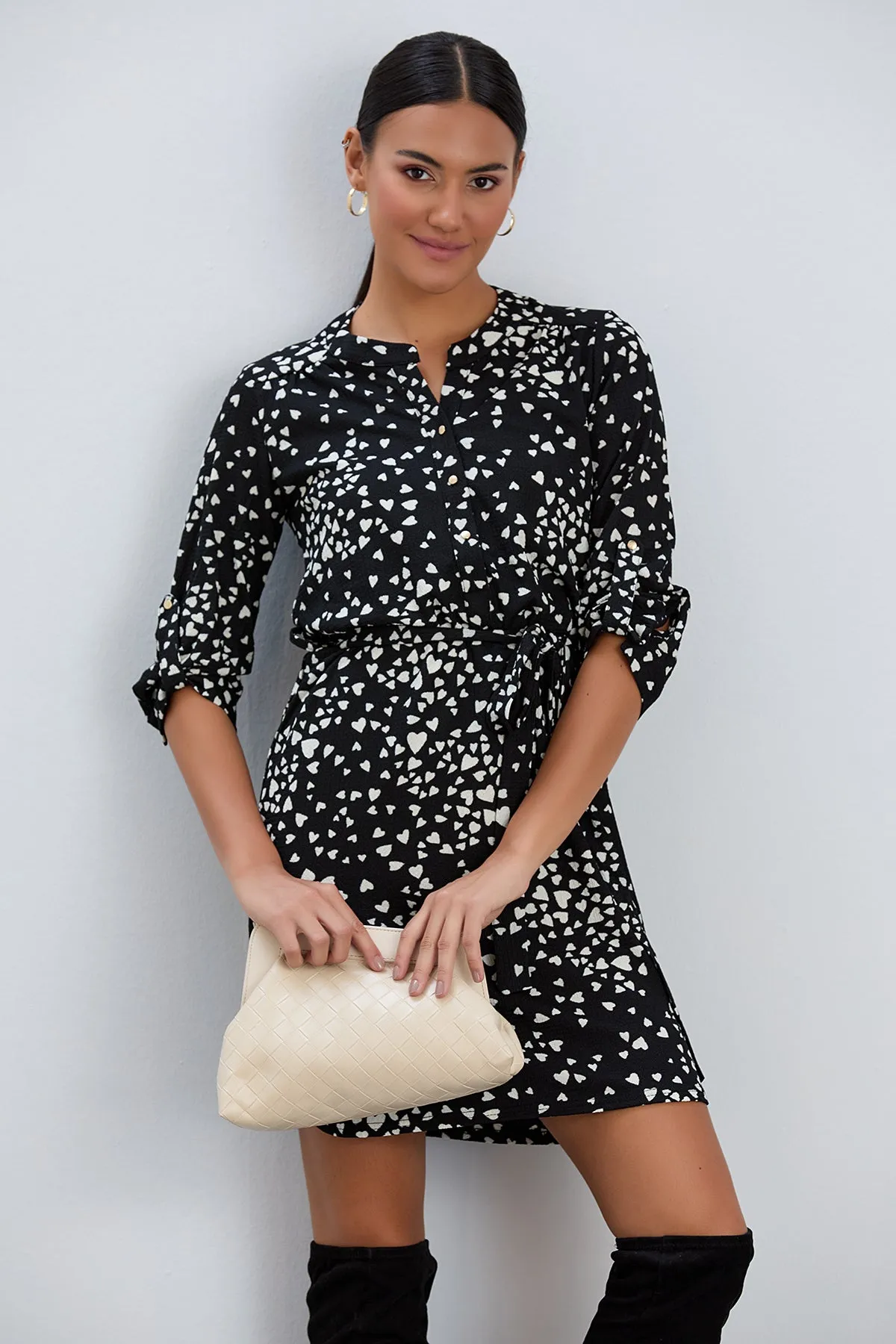 Shirt Mini Dress in Black/White heart print