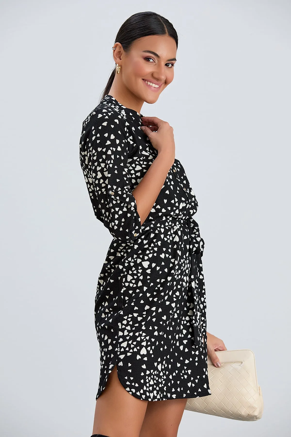Shirt Mini Dress in Black/White heart print