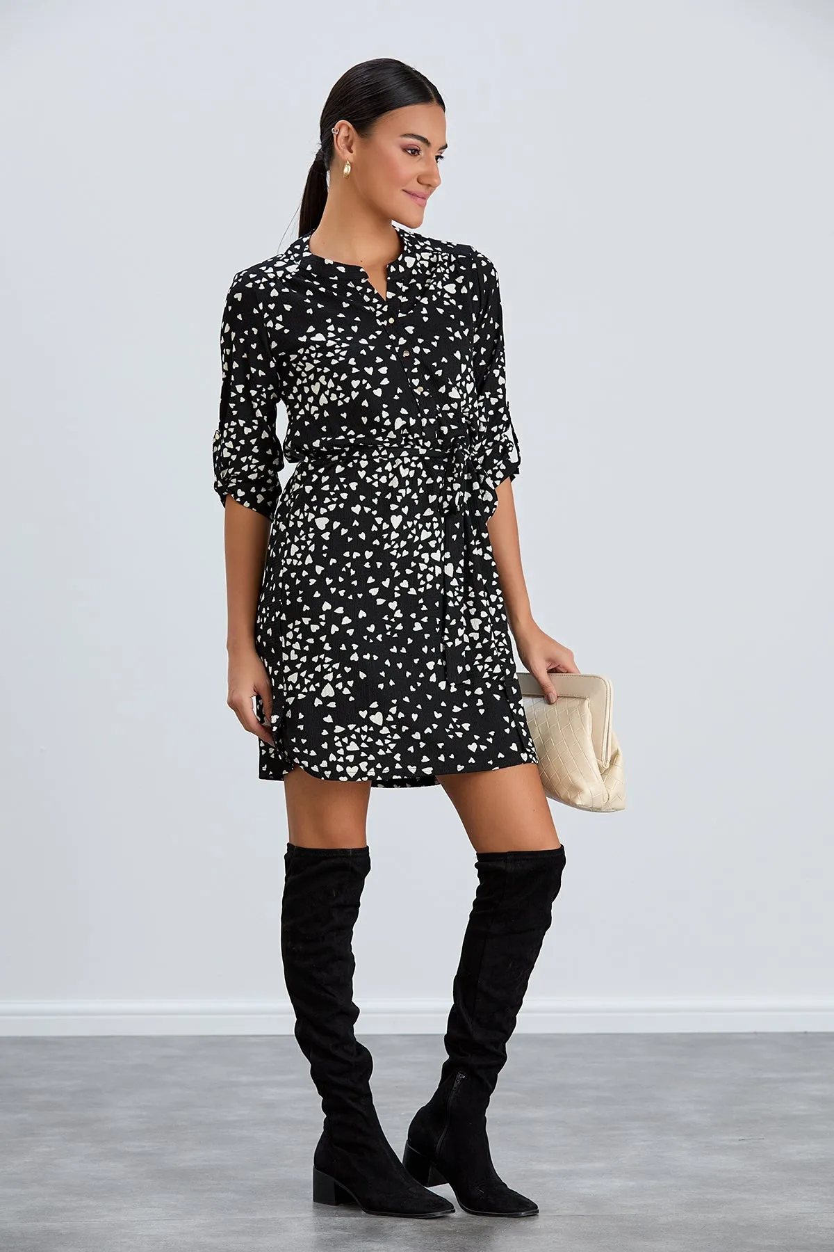 Shirt Mini Dress in Black/White heart print