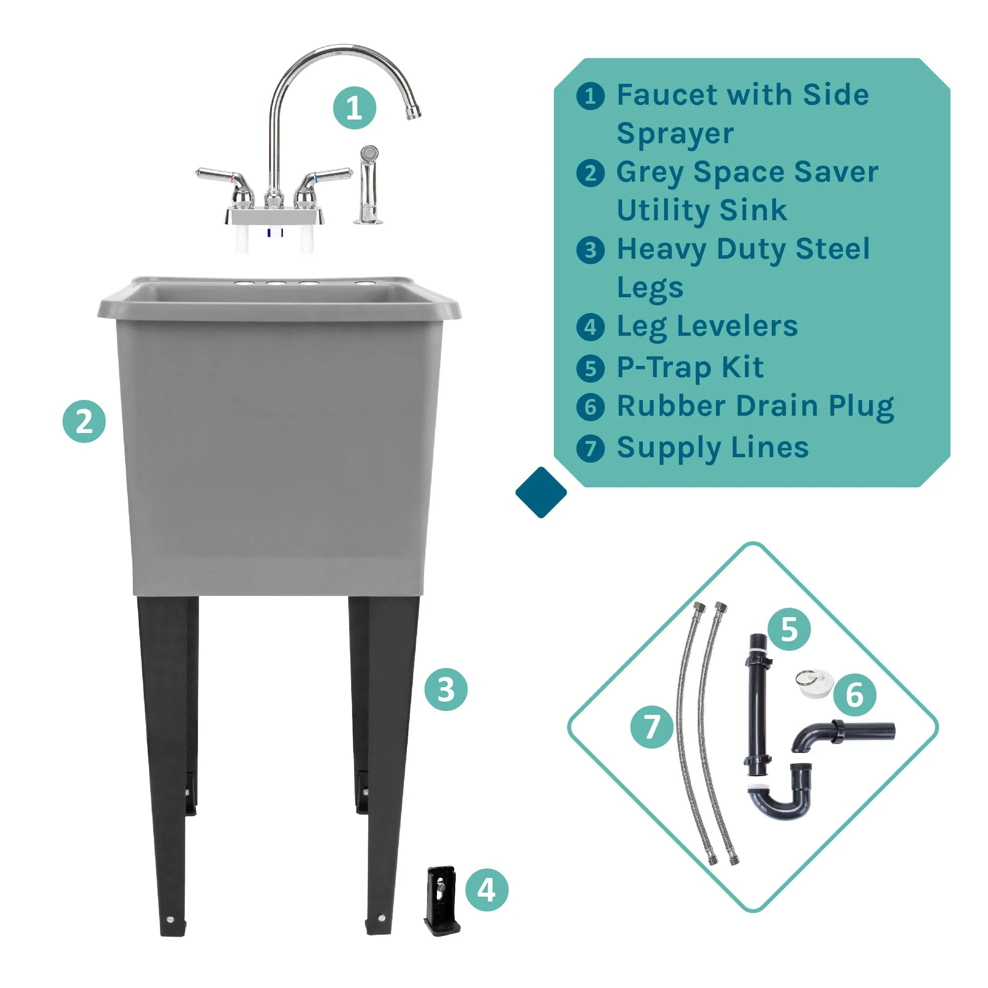 Tehila Space Saver Freestanding Grey Utility Sink with Chrome Finish Gooseneck Faucet and Side Sprayer