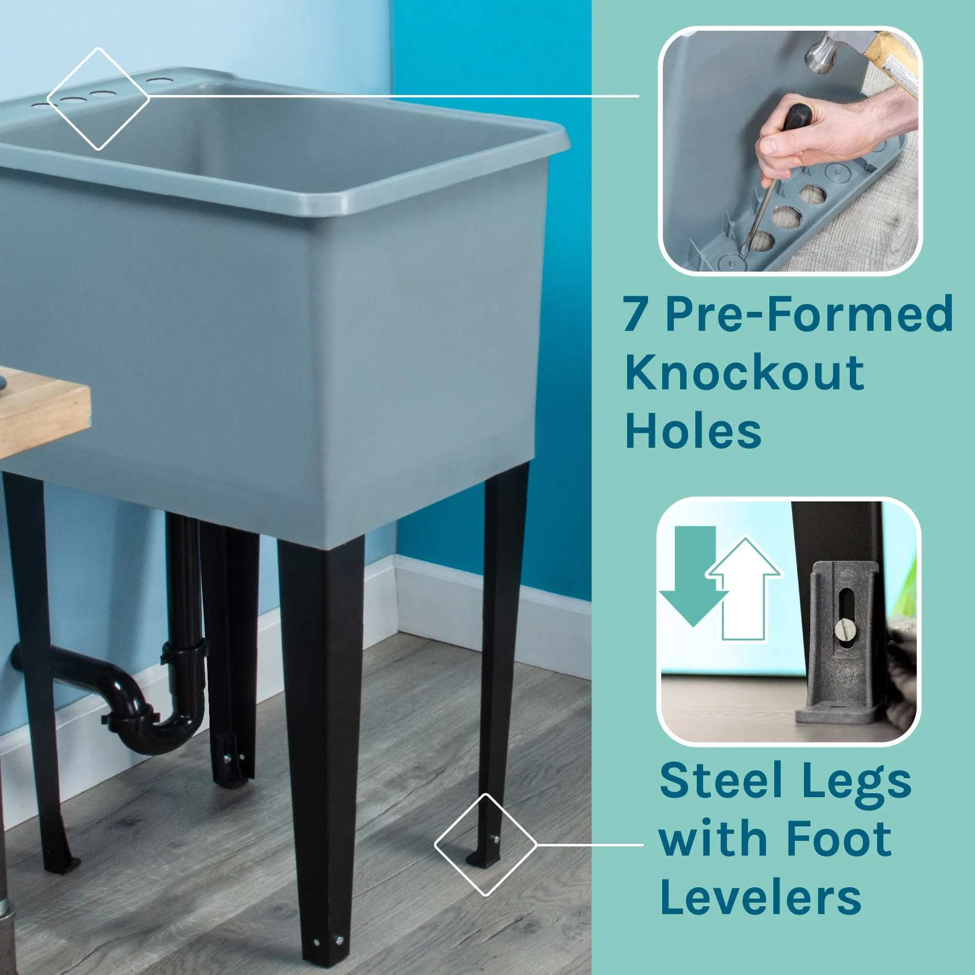 Tehila Space Saver Freestanding Grey Utility Sink with Chrome Finish Gooseneck Faucet and Side Sprayer