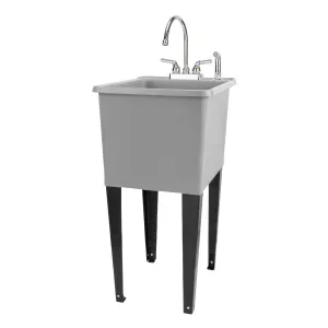 Tehila Space Saver Freestanding Grey Utility Sink with Chrome Finish Gooseneck Faucet and Side Sprayer