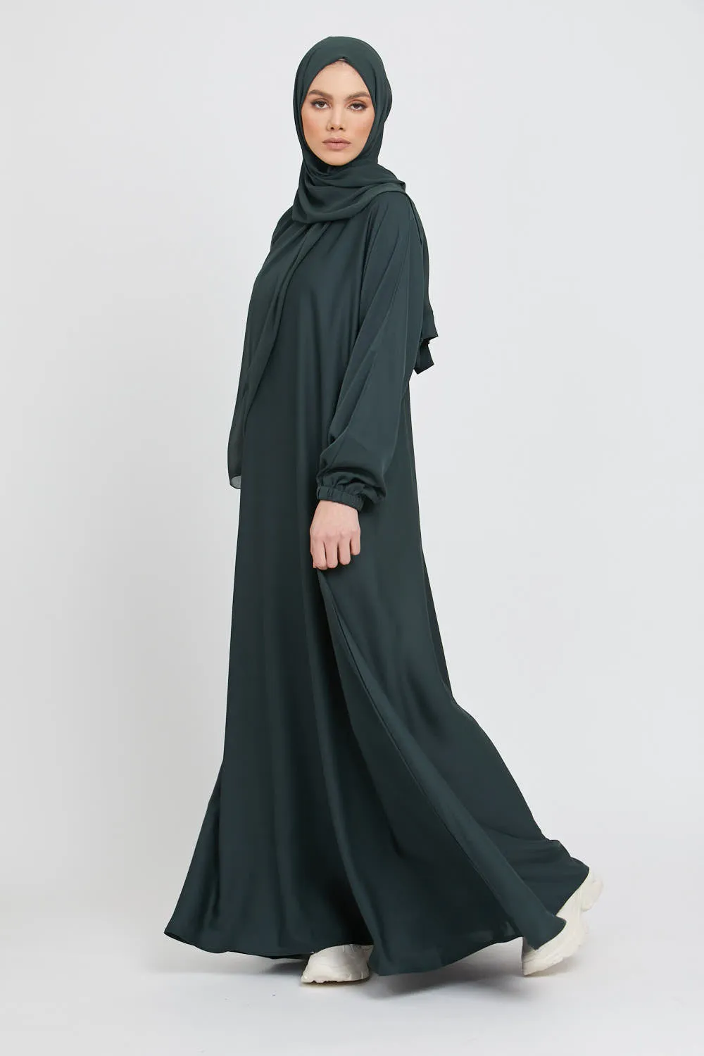 Umbrella Cut Closed Abaya with Elasticated Cuffs - Forest Green