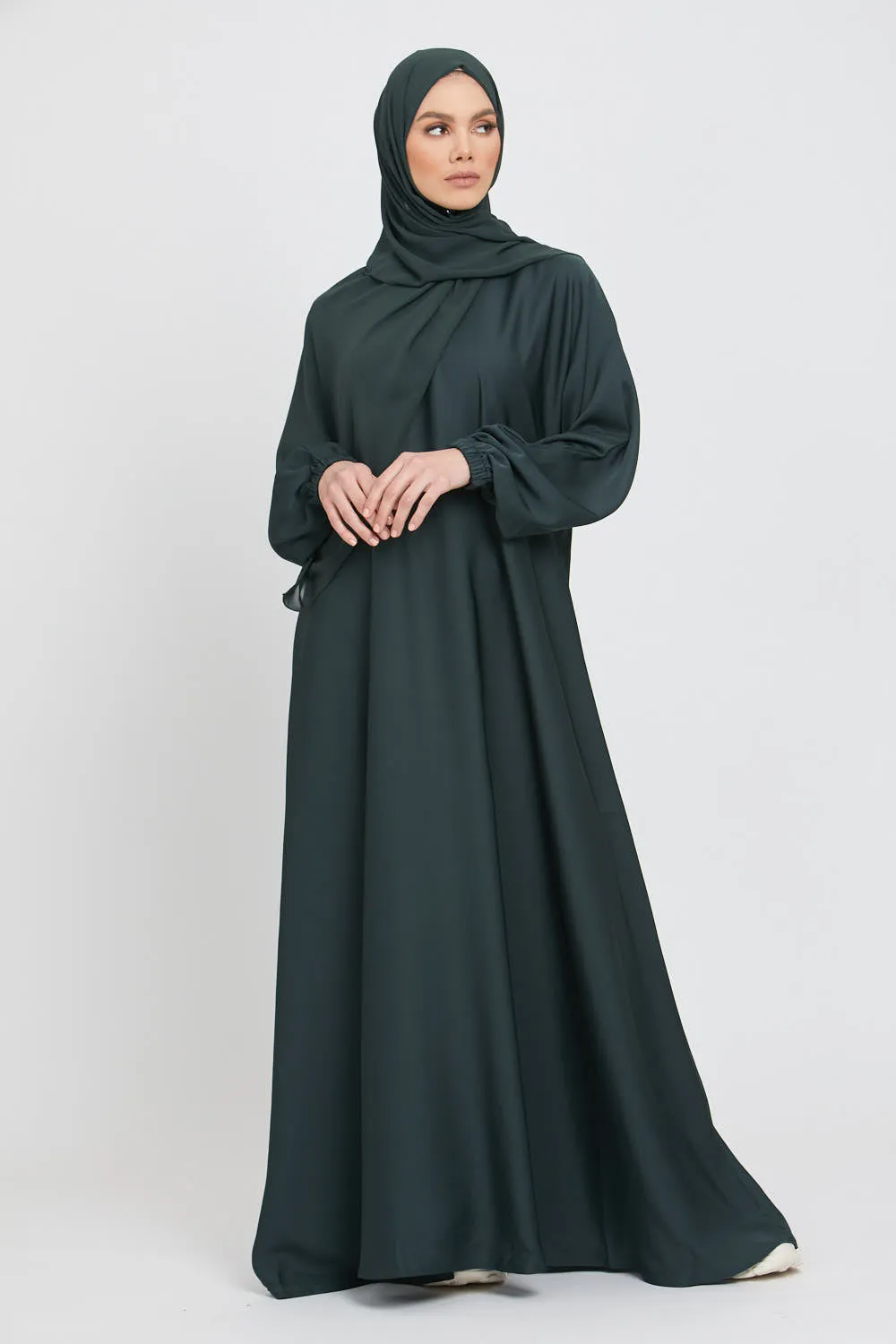 Umbrella Cut Closed Abaya with Elasticated Cuffs - Forest Green