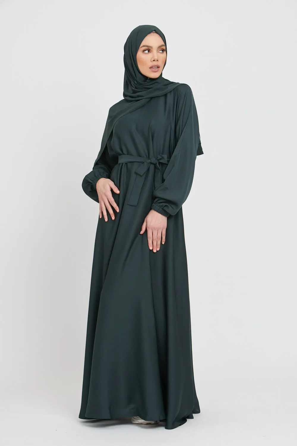 Umbrella Cut Closed Abaya with Elasticated Cuffs - Forest Green