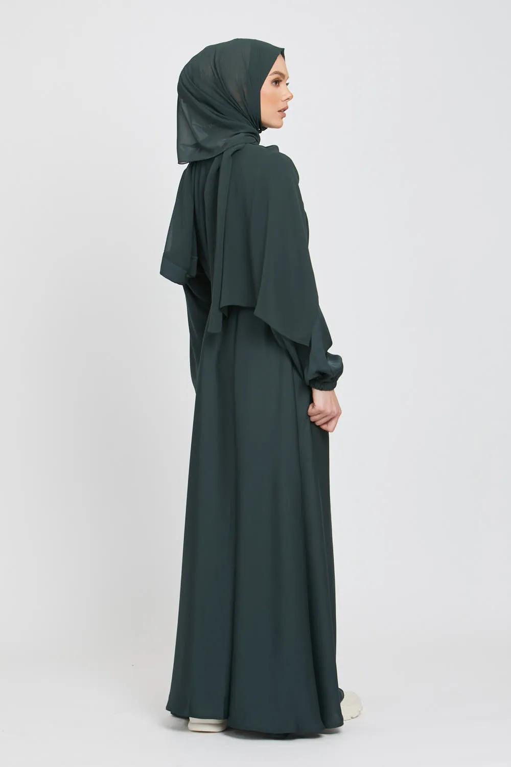 Umbrella Cut Closed Abaya with Elasticated Cuffs - Forest Green