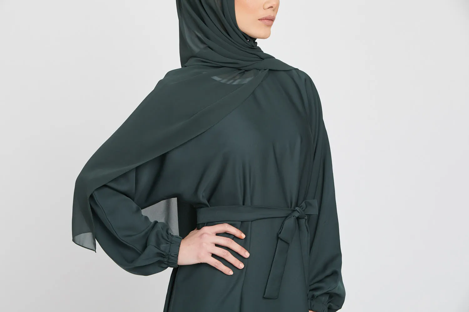 Umbrella Cut Closed Abaya with Elasticated Cuffs - Forest Green
