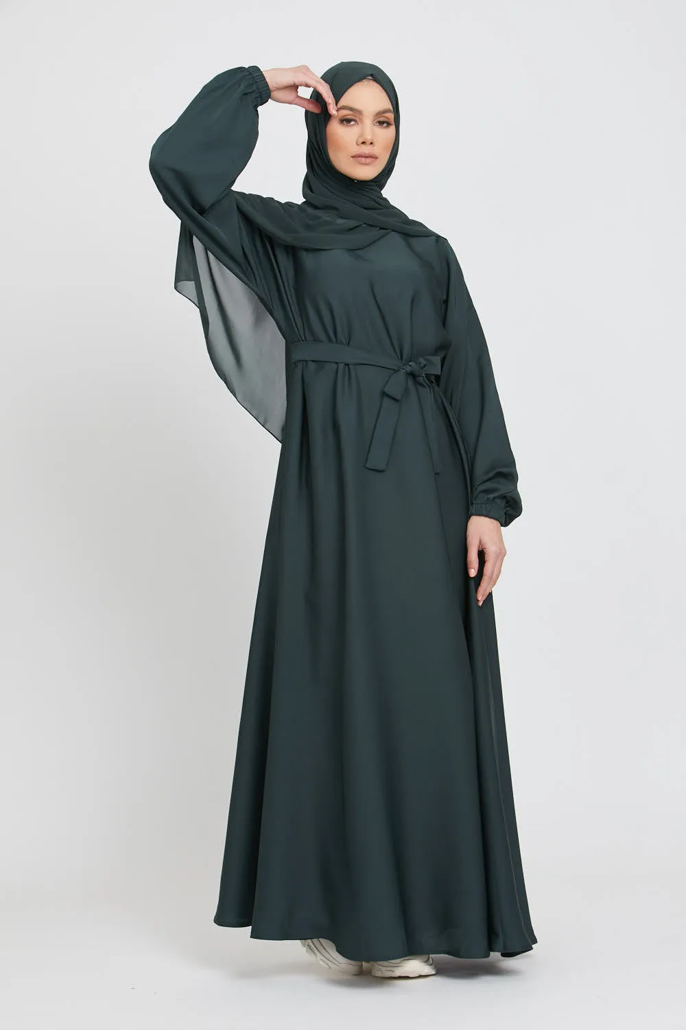 Umbrella Cut Closed Abaya with Elasticated Cuffs - Forest Green