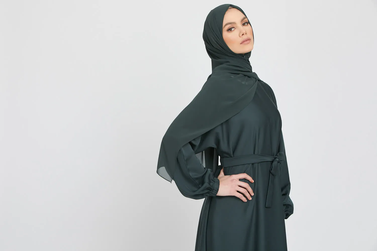 Umbrella Cut Closed Abaya with Elasticated Cuffs - Forest Green