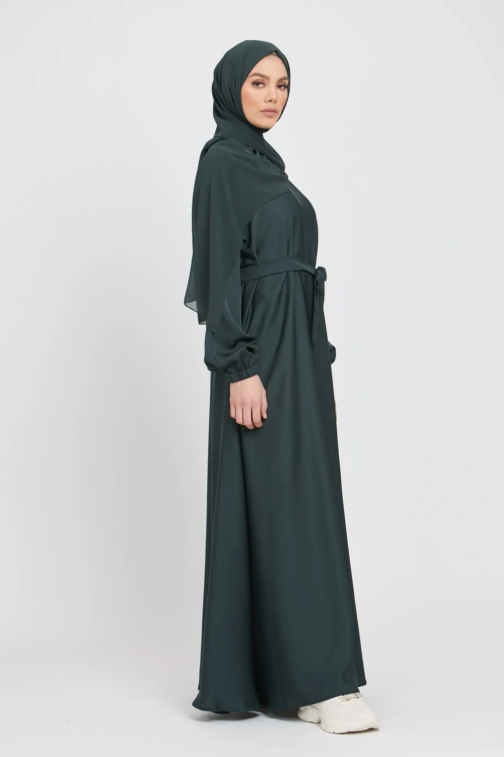 Umbrella Cut Closed Abaya with Elasticated Cuffs - Forest Green