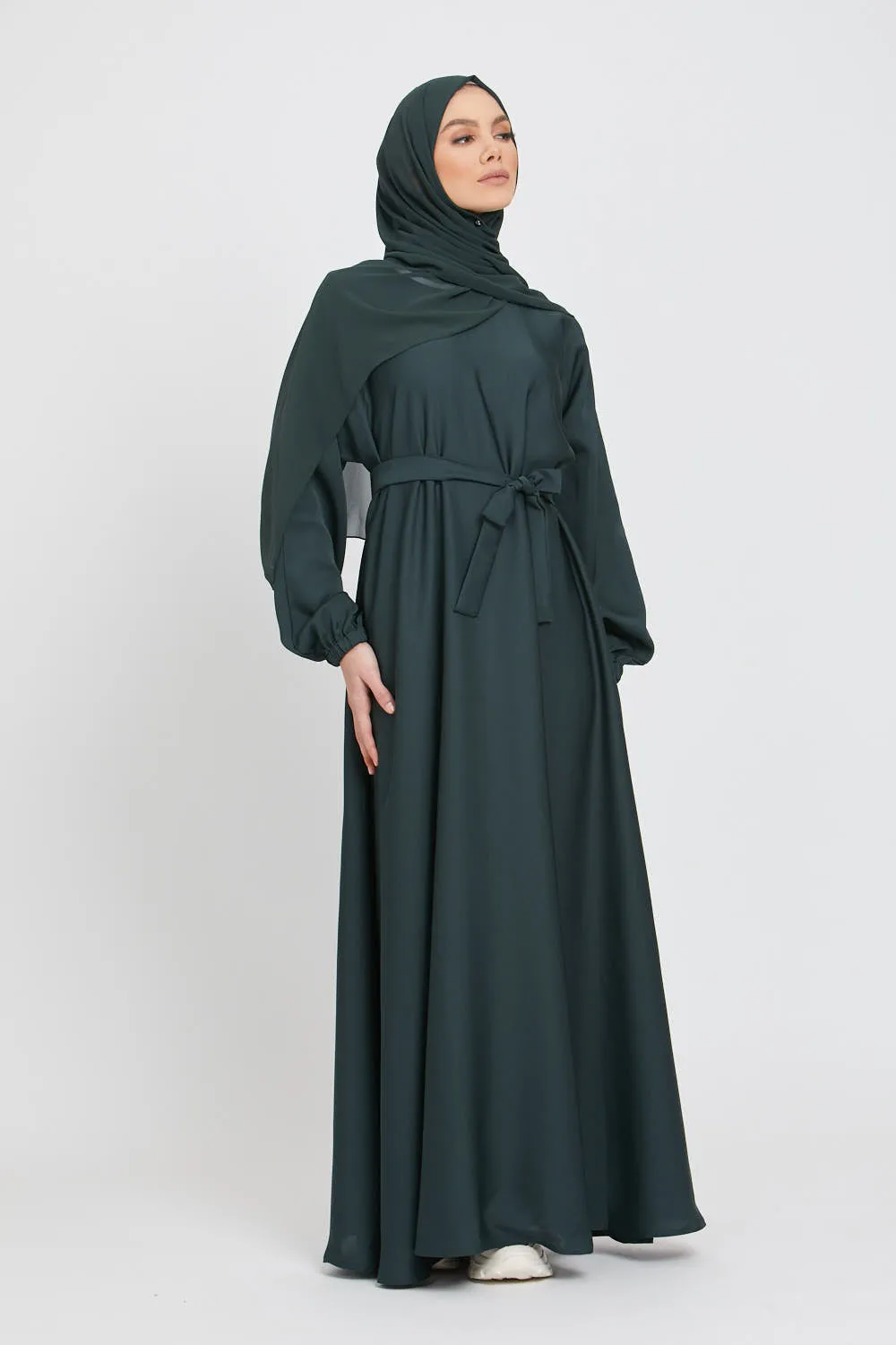 Umbrella Cut Closed Abaya with Elasticated Cuffs - Forest Green