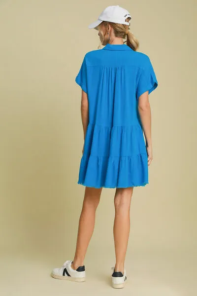 Umgee Raw Hem Folded Sleeve Tiered Dress In Blue