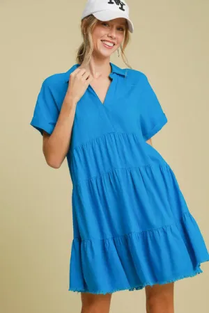 Umgee Raw Hem Folded Sleeve Tiered Dress In Blue