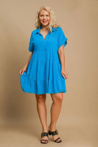 Umgee Raw Hem Folded Sleeve Tiered Dress In Blue