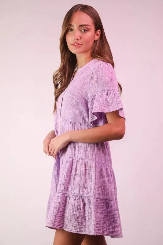 VERY J Mineral Washed Baby Bell Sleeve Woven Mini Dress In Lavender