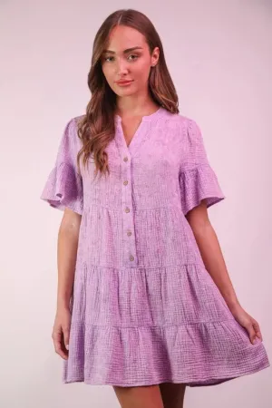 VERY J Mineral Washed Baby Bell Sleeve Woven Mini Dress In Lavender