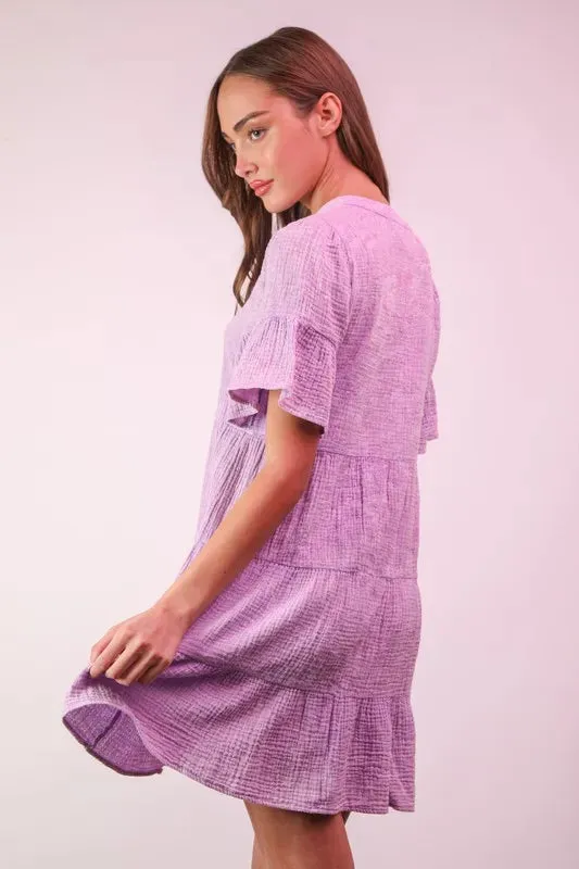 VERY J Mineral Washed Baby Bell Sleeve Woven Mini Dress In Lavender