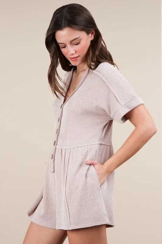 VERY J Two Tone Ribbed Knit Comfy Casual Romper In Oatmeal