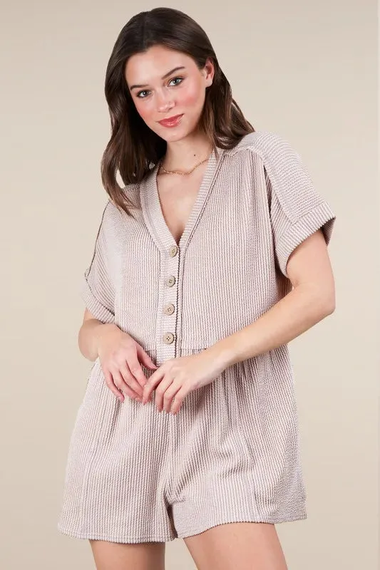 VERY J Two Tone Ribbed Knit Comfy Casual Romper In Oatmeal