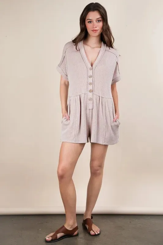 VERY J Two Tone Ribbed Knit Comfy Casual Romper In Oatmeal