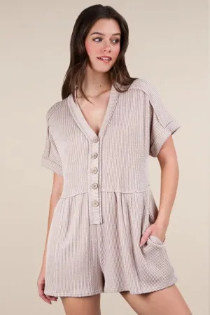 VERY J Two Tone Ribbed Knit Comfy Casual Romper In Oatmeal