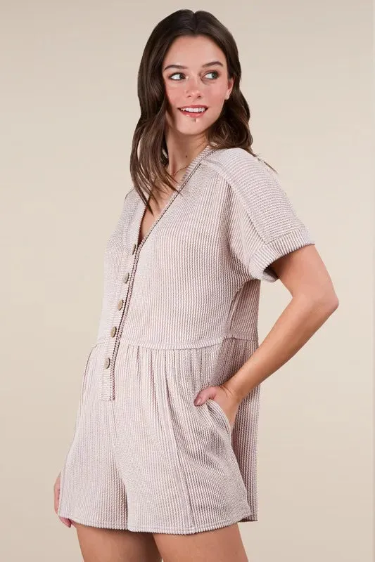 VERY J Two Tone Ribbed Knit Comfy Casual Romper In Oatmeal