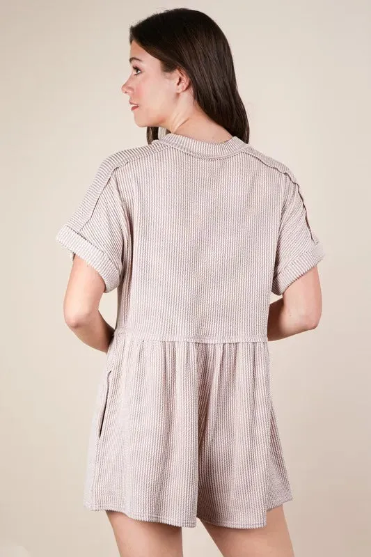 VERY J Two Tone Ribbed Knit Comfy Casual Romper In Oatmeal