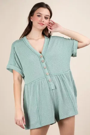 VERY J Two Tone Ribbed Knit Comfy Casual Romper In Sage