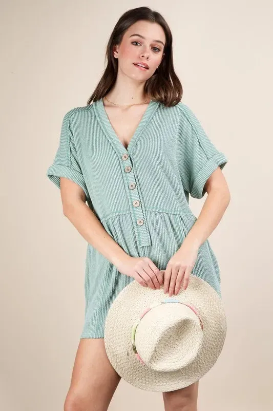 VERY J Two Tone Ribbed Knit Comfy Casual Romper In Sage
