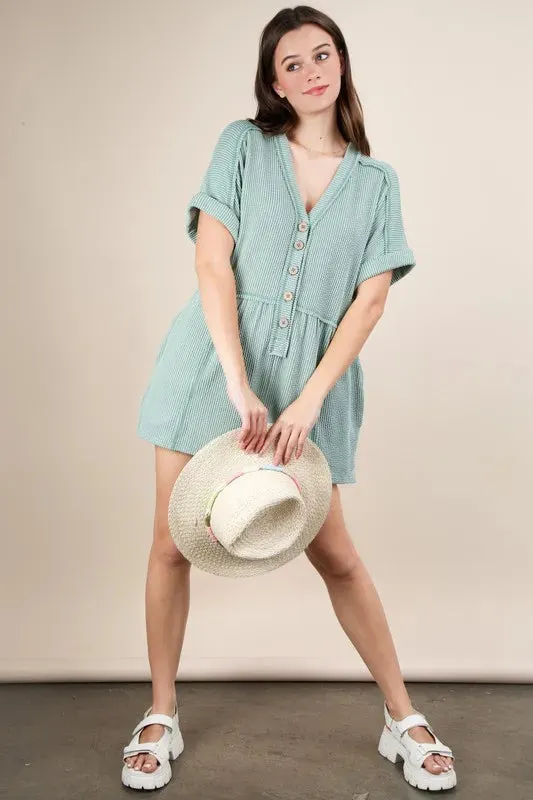 VERY J Two Tone Ribbed Knit Comfy Casual Romper In Sage