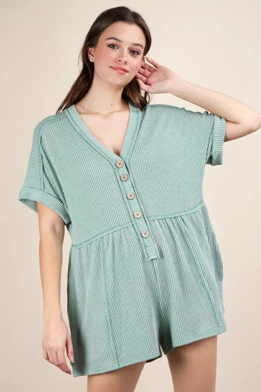 VERY J Two Tone Ribbed Knit Comfy Casual Romper In Sage