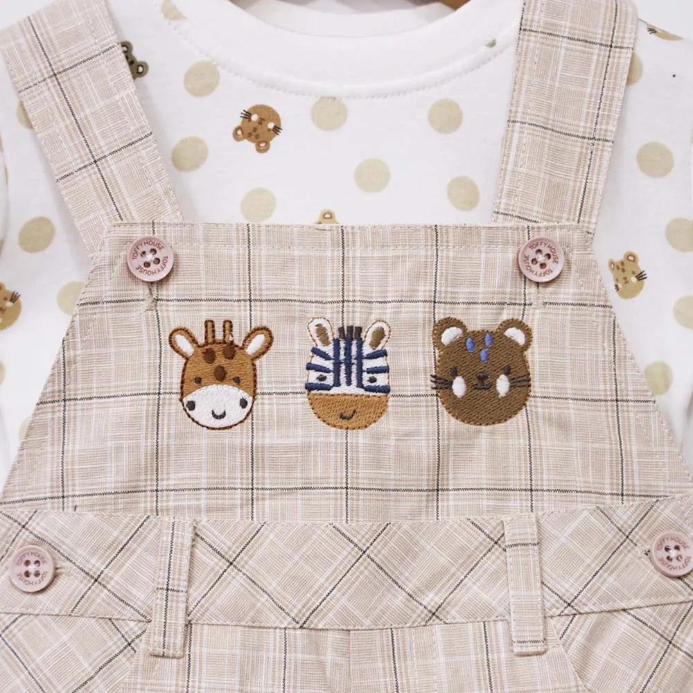 White Half Sleeves T-Shirt With Beige Checked Dungaree