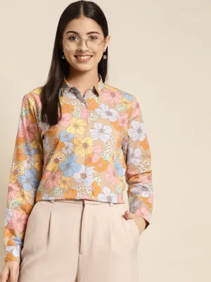 Women Beige & Pink Printed Pure Cotton Regular Fit Formal Shirt