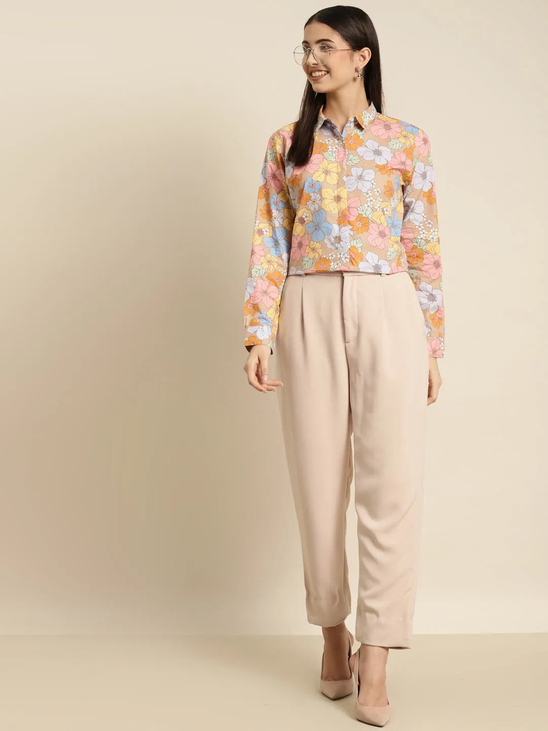 Women Beige & Pink Printed Pure Cotton Regular Fit Formal Shirt