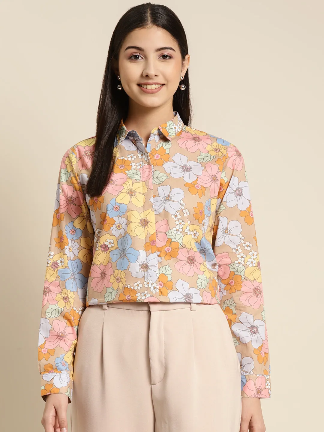 Women Beige & Pink Printed Pure Cotton Regular Fit Formal Shirt