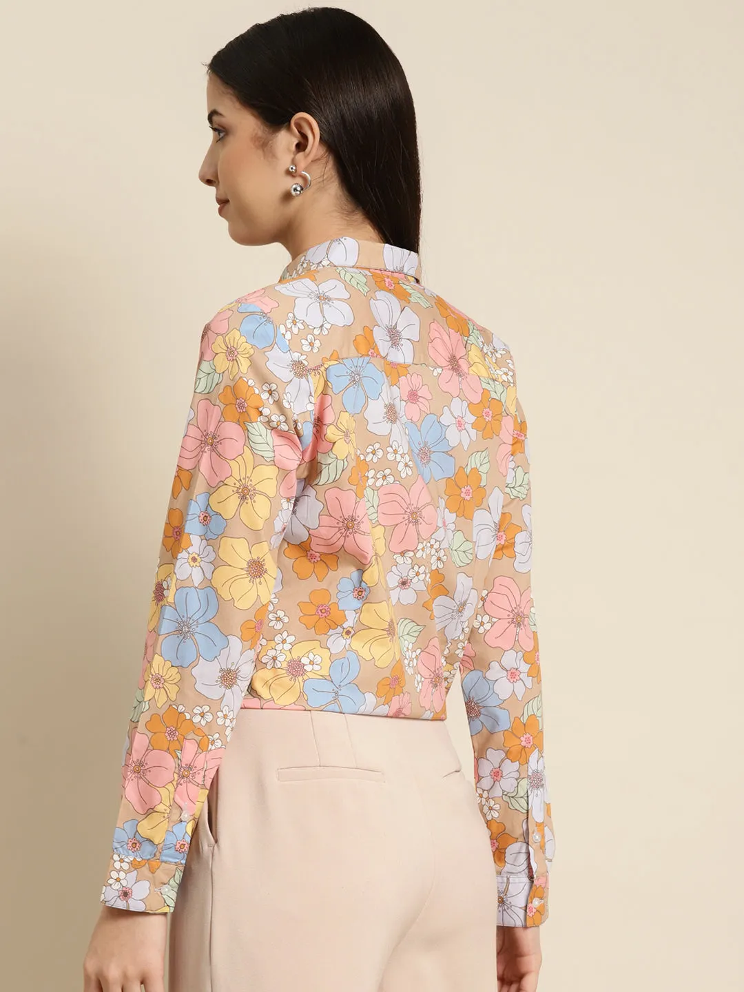 Women Beige & Pink Printed Pure Cotton Regular Fit Formal Shirt