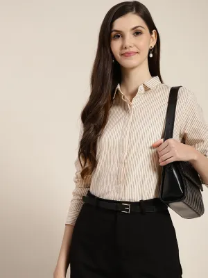 Women Beige Striped Pure Cotton Regular Fit Formal Shirt