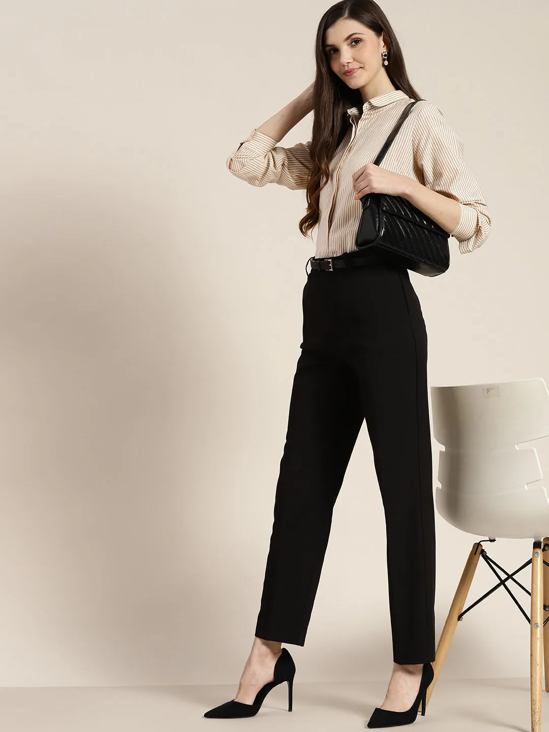 Women Beige Striped Pure Cotton Regular Fit Formal Shirt