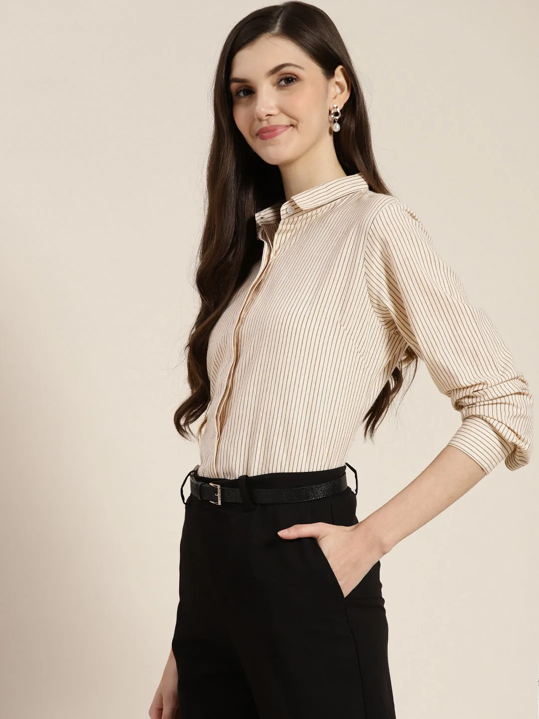 Women Beige Striped Pure Cotton Regular Fit Formal Shirt