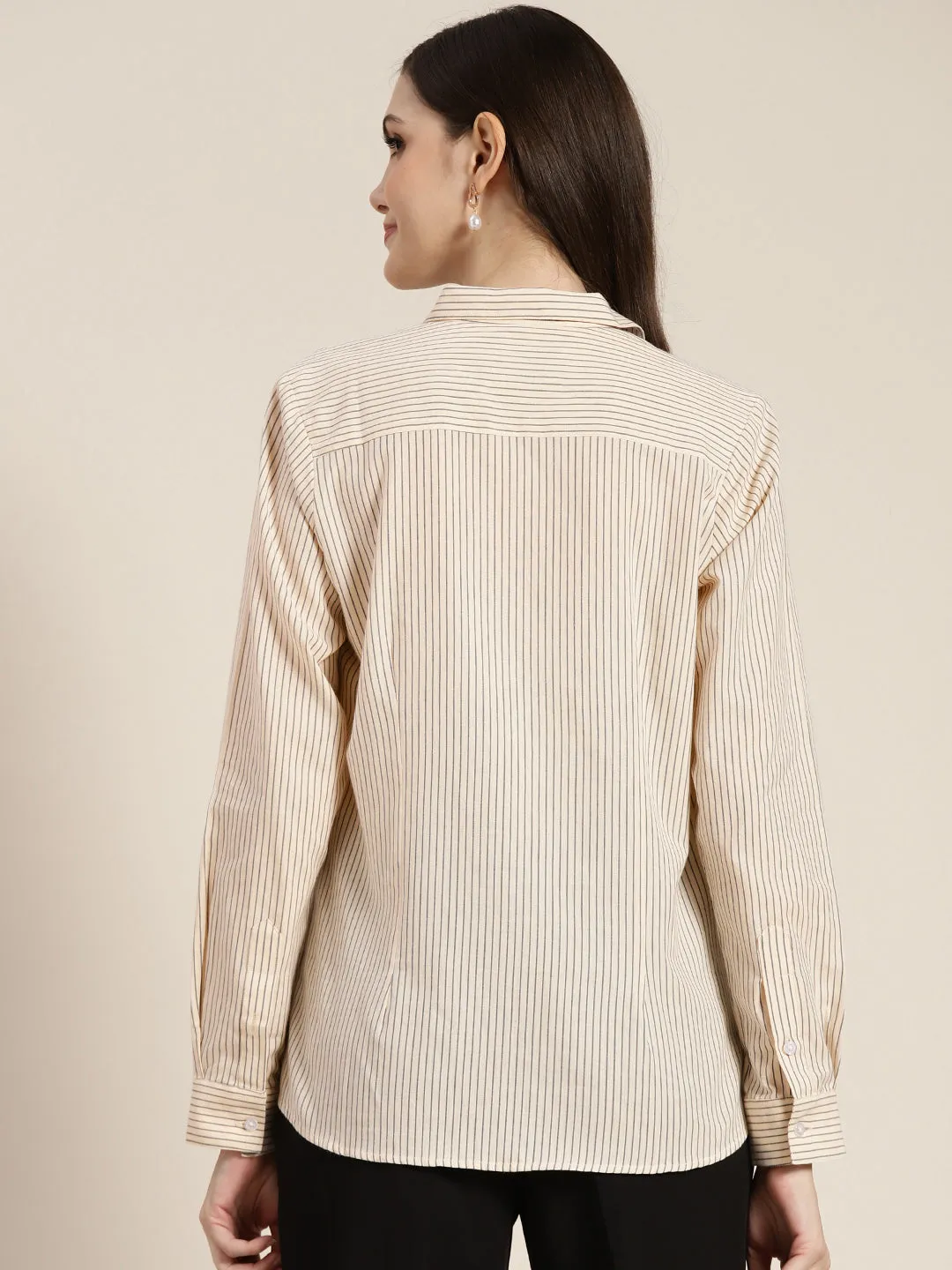 Women Beige Striped Pure Cotton Regular Fit Formal Shirt