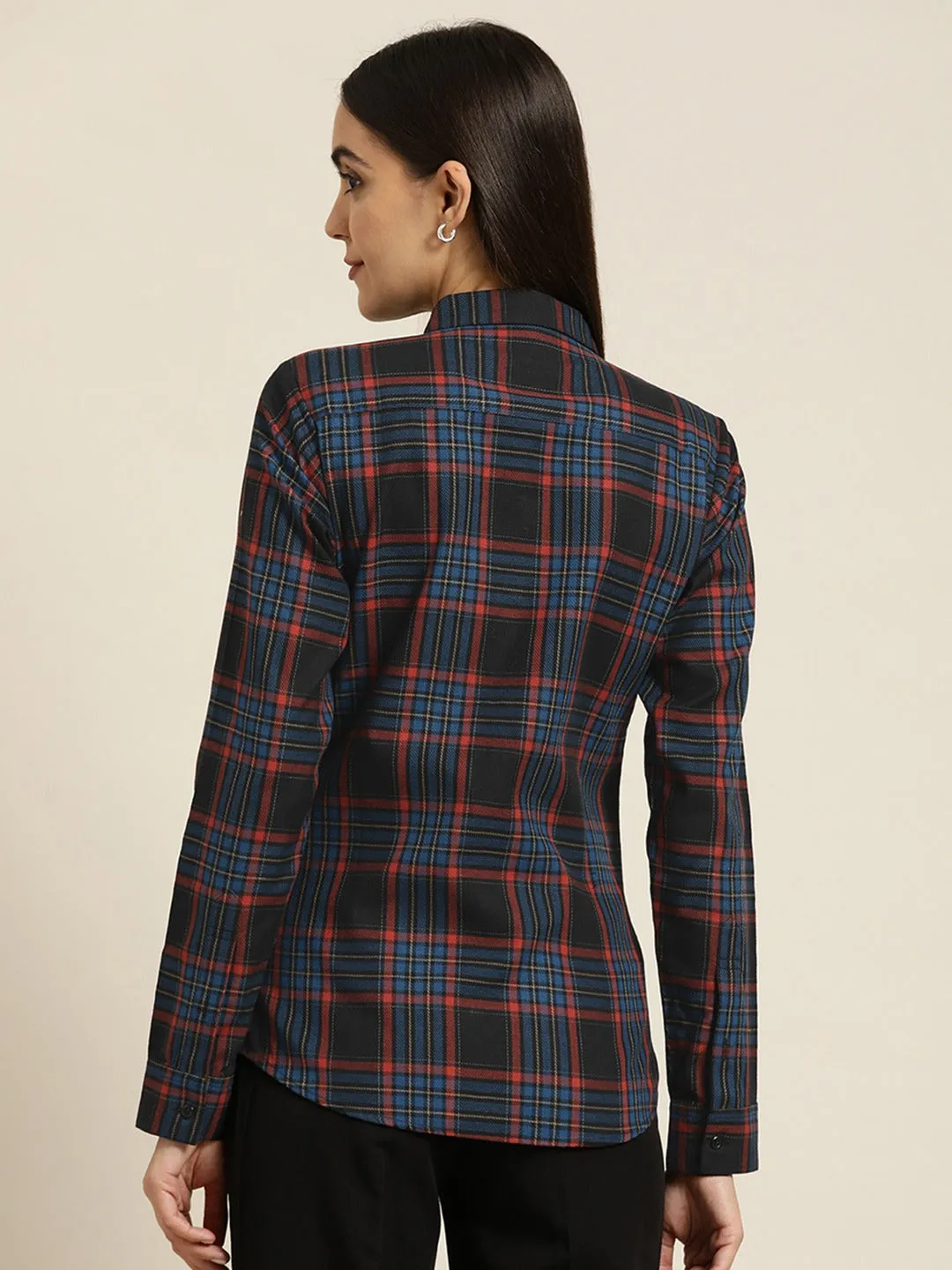 Women Black & Red Tartan Plaided Checked Cotton Slim Fit Formal Shirt