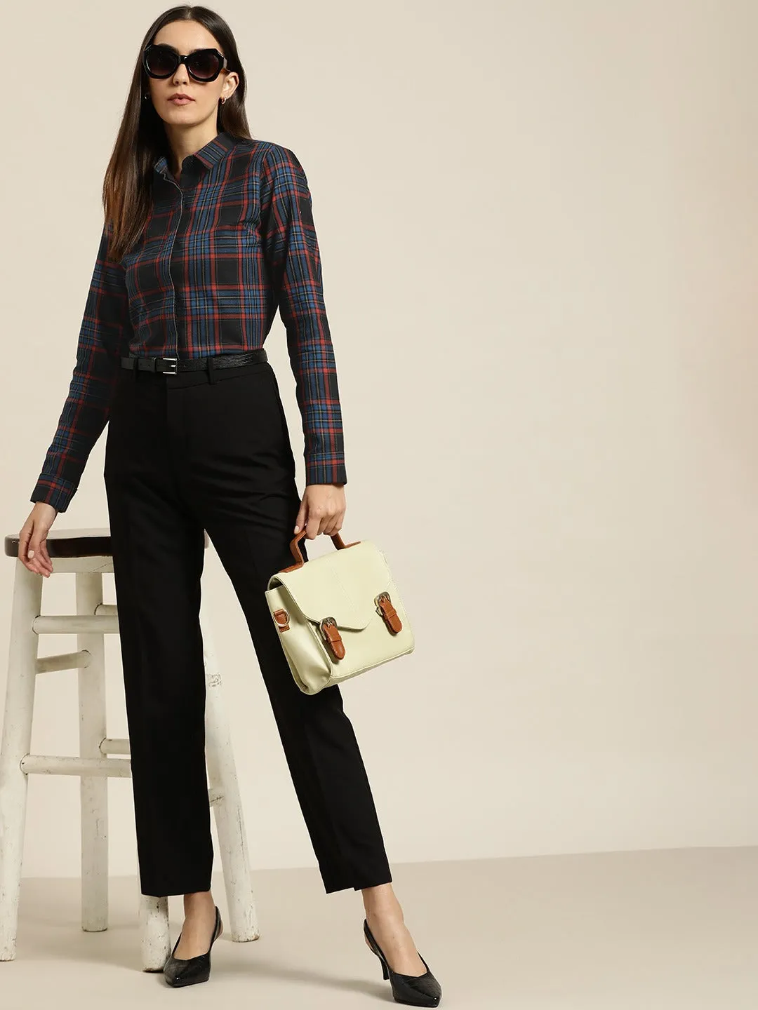 Women Black & Red Tartan Plaided Checked Cotton Slim Fit Formal Shirt