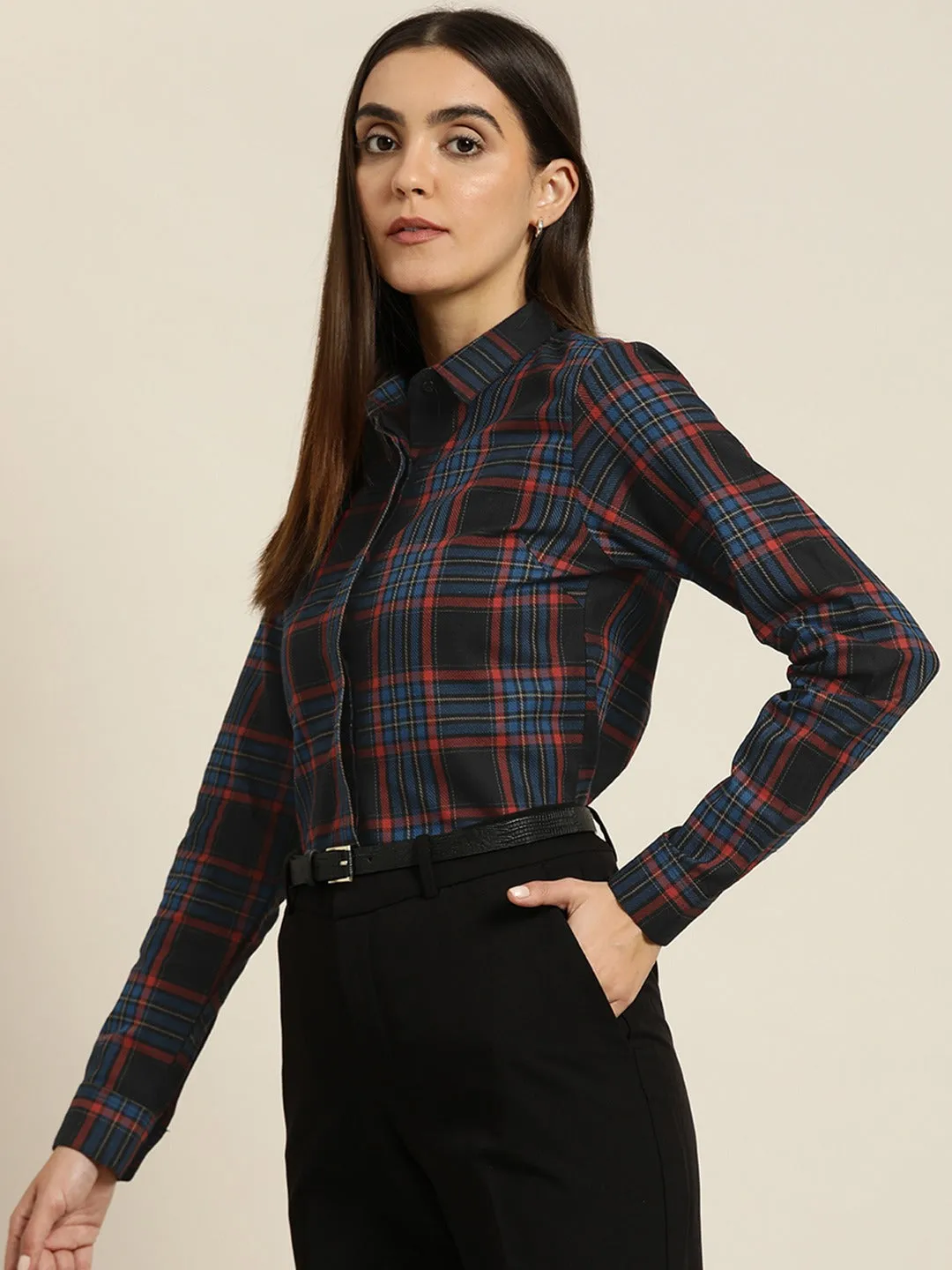 Women Black & Red Tartan Plaided Checked Cotton Slim Fit Formal Shirt