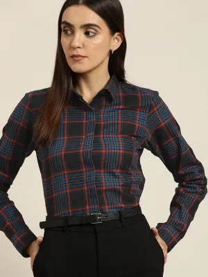 Women Black & Red Tartan Plaided Checked Cotton Slim Fit Formal Shirt