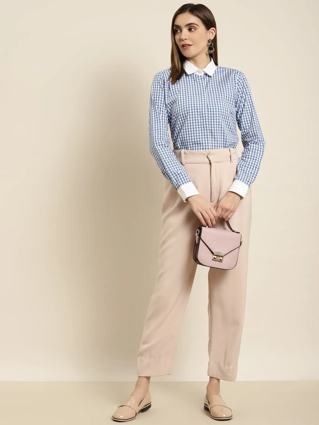 Women Blue & White Checked Pure Cotton Regular Fit Formal Shirt