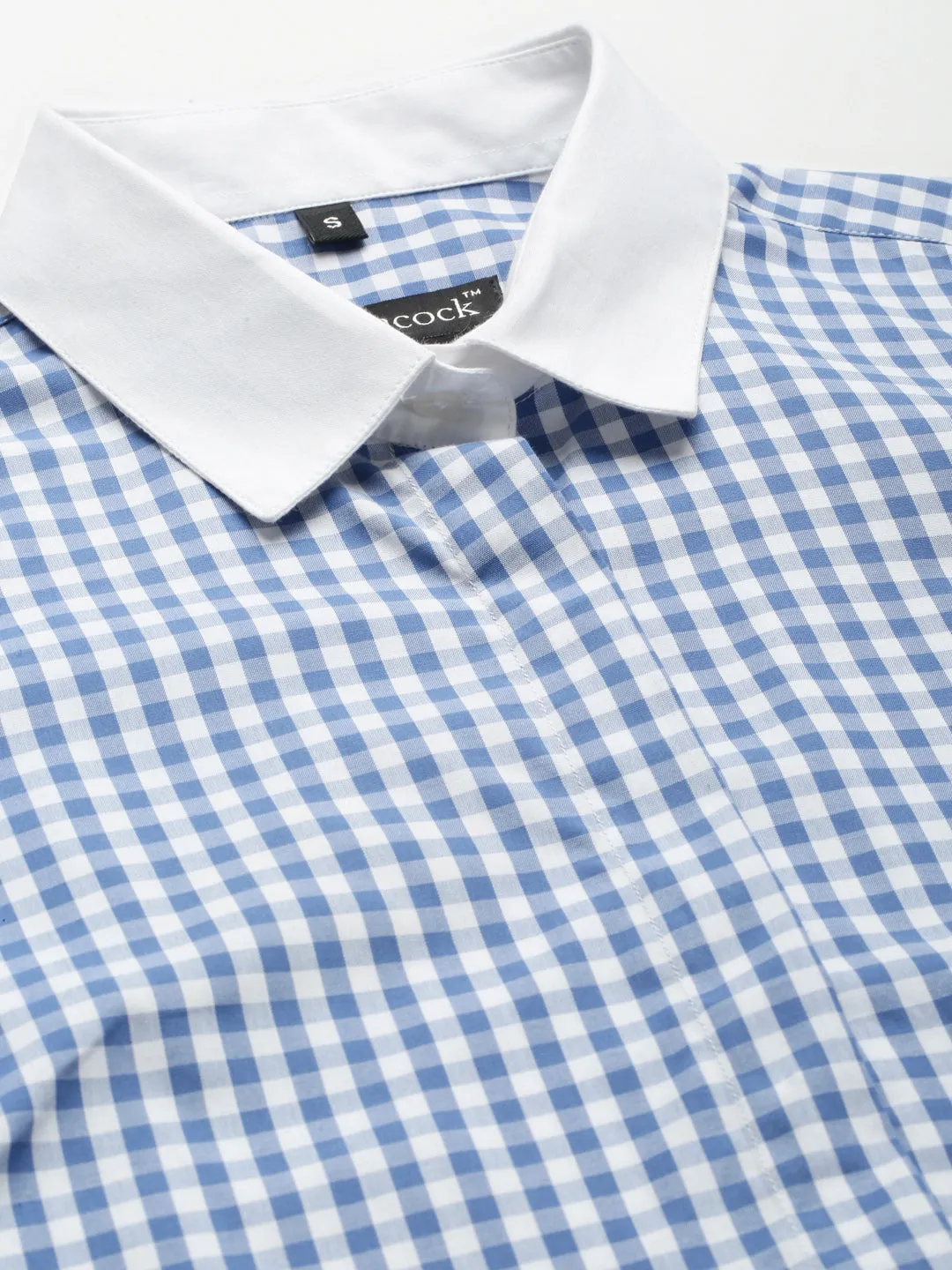 Women Blue & White Checked Pure Cotton Regular Fit Formal Shirt