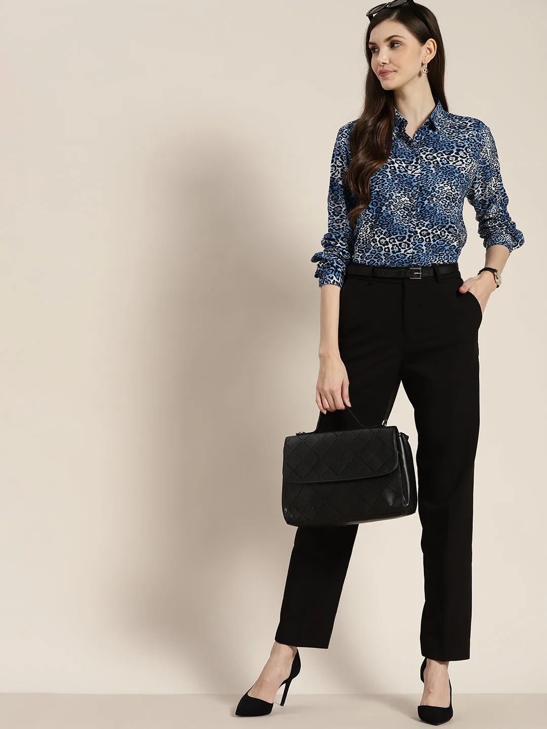 Women Blue Printed Viscose Rayon Regular Fit Formal Shirt