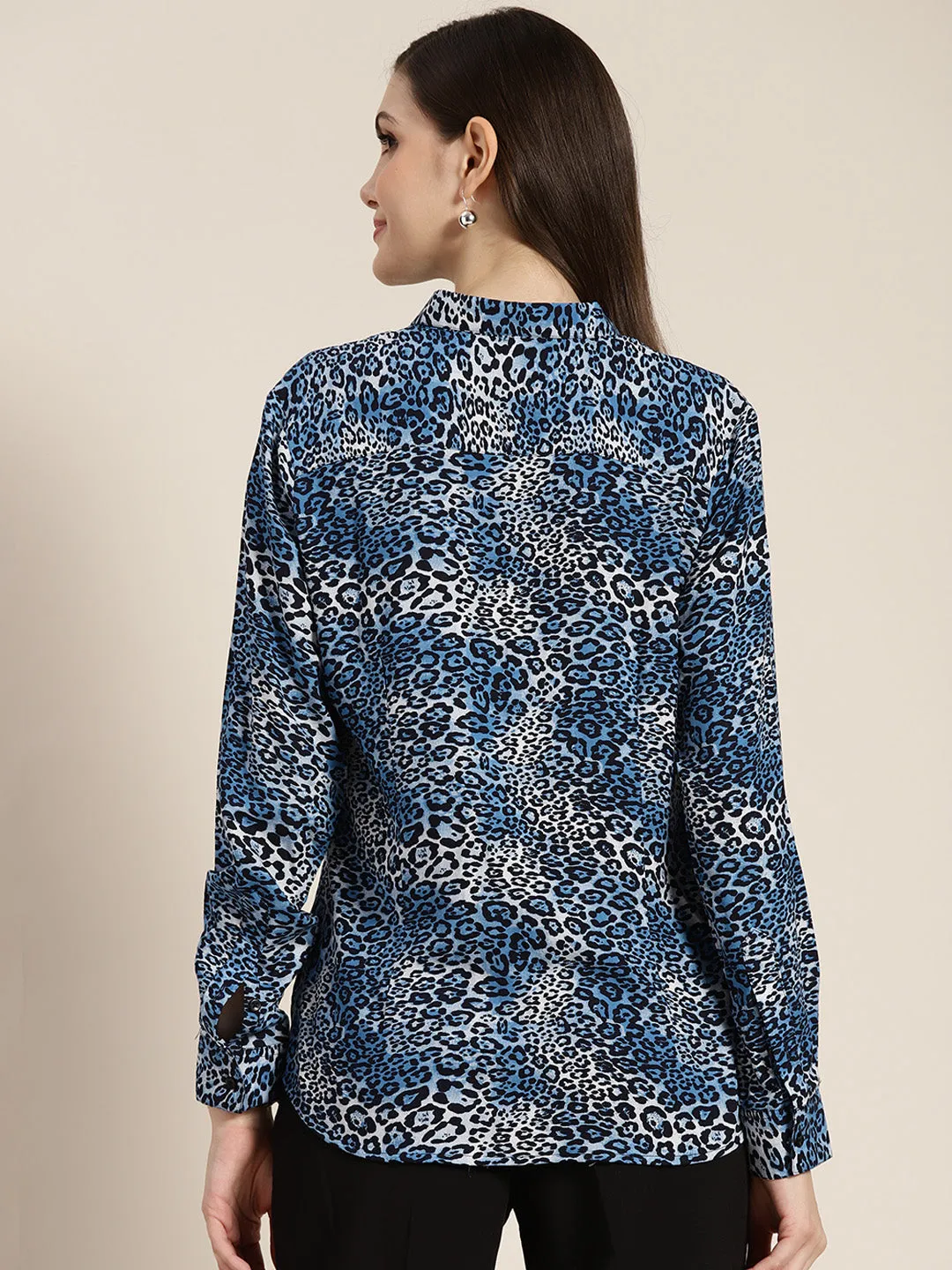 Women Blue Printed Viscose Rayon Regular Fit Formal Shirt