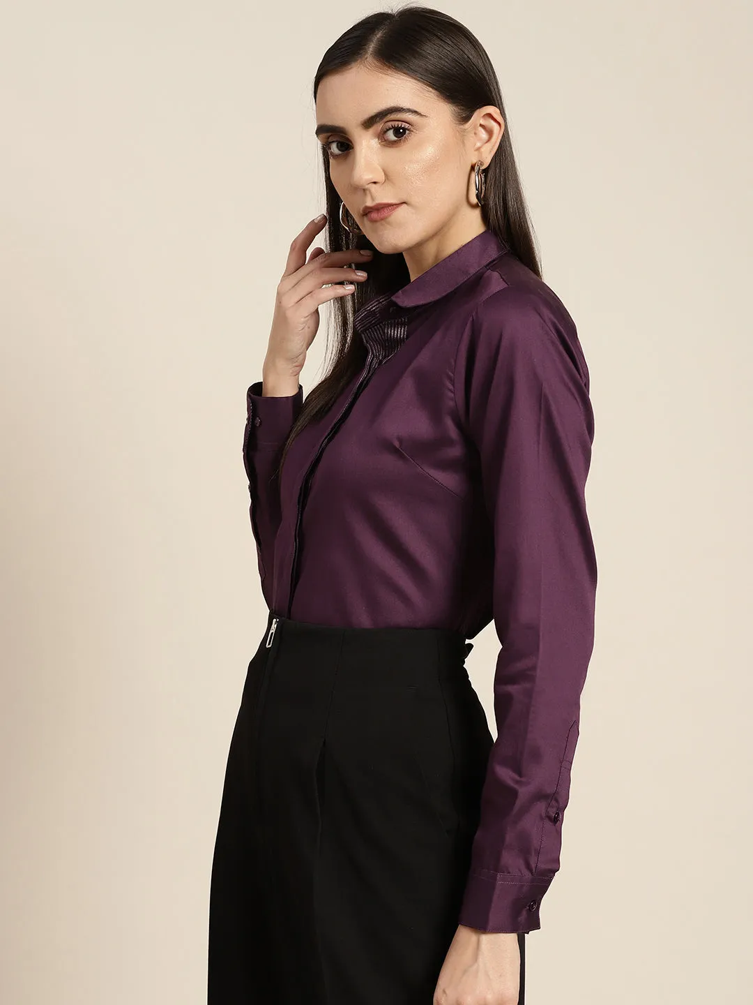 Women Burgundy Wine Solid Satin Pure Cotton Slim Fit Formal Shirt